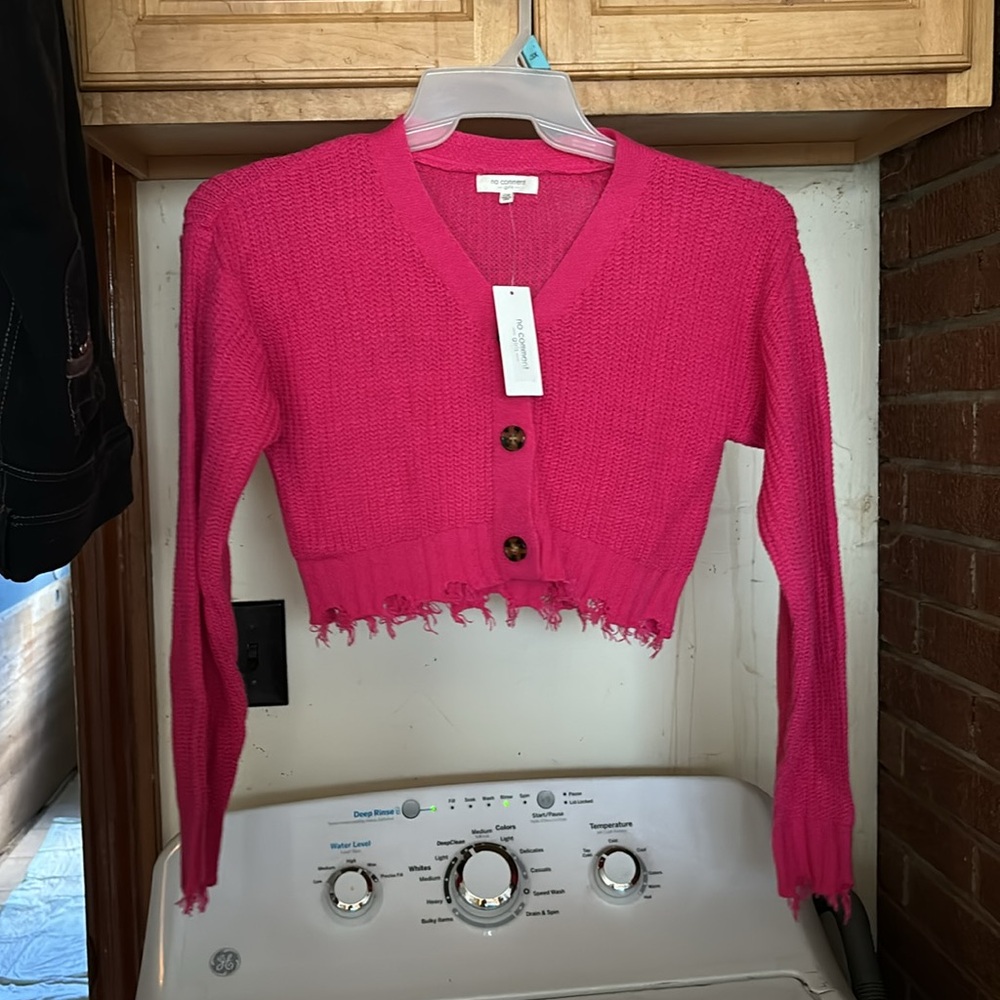 NWT No Comment Girls Fuchsia Pink Cable Knit Distressed Cardigan Sweater L (14)